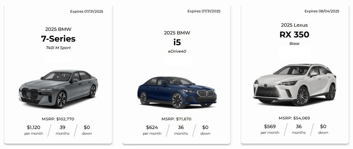 Hot deal offers on BMW 7-Series, BMW i5, and Lexus RX 350